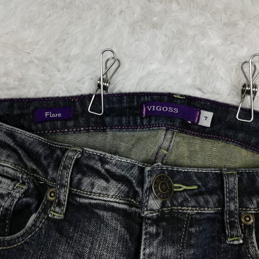 Vigoss Womens Jeans Flare Low Flap Pocket Blue Denim Vintage Wash Distressed 7 - Picture 6 of 10